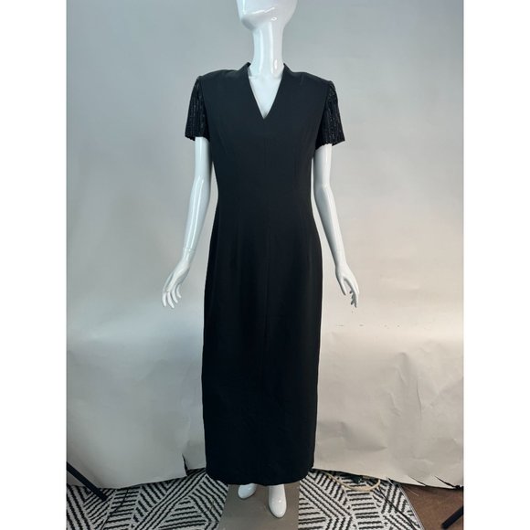 Richard Warren Petites Beaded Sleeve Long Black Dress 10P Black Acetate Blend - Picture 2 of 16